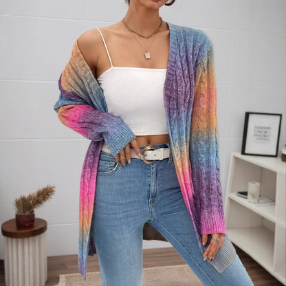 Gradient Color Twist Knitted Cardigan Coat For Women