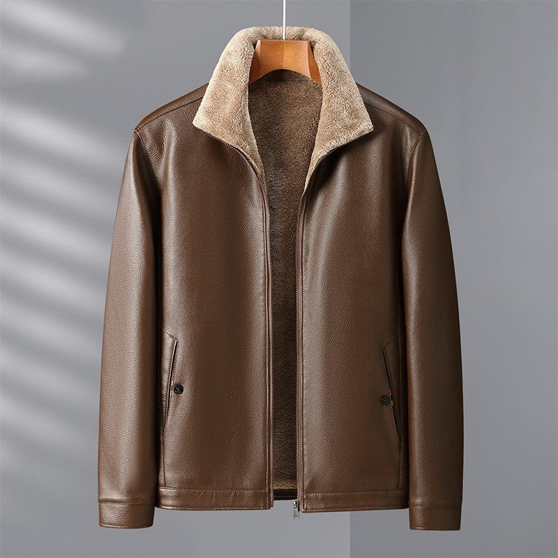 Fleece-Lined Mens Leather Stand Collar Coat Cozy Heritage Design