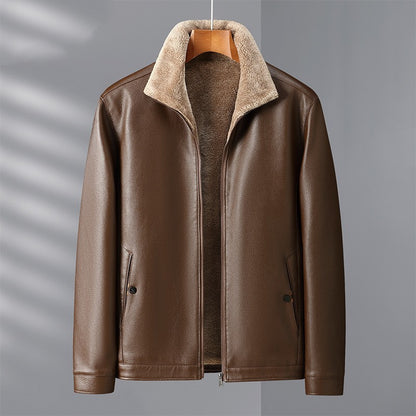 Fleece-Lined Mens Leather Stand Collar Coat Cozy Heritage Design