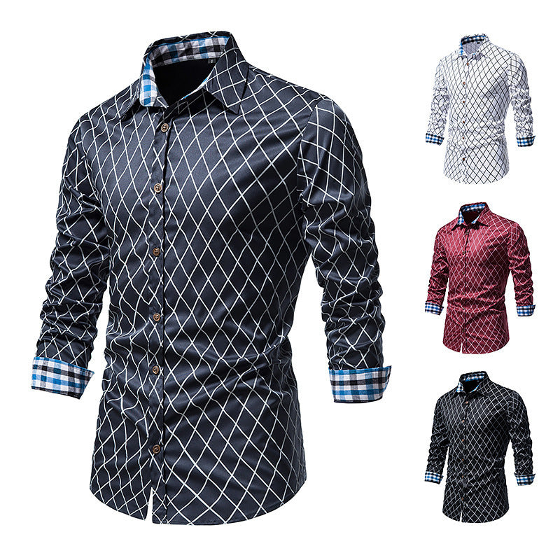 Diamond Check Contrast Color Long Sleeve Fashion Shirt
