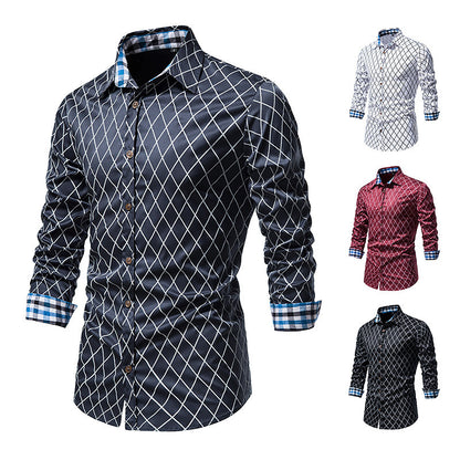 Diamond Check Contrast Color Long Sleeve Fashion Shirt
