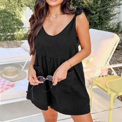 Casual Bamboo Round Neck Sleeveless Bow Loose Waist One-piece Shorts