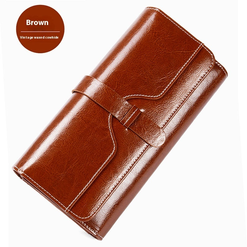 Pure Leather Tri Fold Women's Wallet Long Buckle Genuine Leather