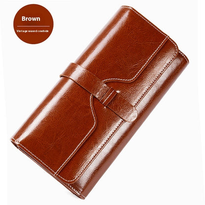 Pure Leather Tri Fold Women's Wallet Long Buckle Genuine Leather