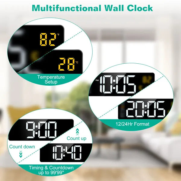 15.7in LED Digital Wall Clock With Remote Control 10 Level Brightness 3 Alarm Settings 12 24Hr Format Timing Countdown Temperature Calendar Display