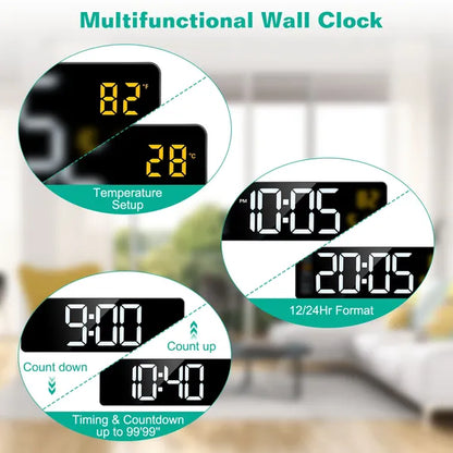 15.7in LED Digital Wall Clock With Remote Control 10 Level Brightness 3 Alarm Settings 12 24Hr Format Timing Countdown Temperature Calendar Display