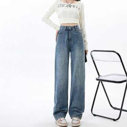 Simple All-matching Wide Leg Jeans For Women Spring And Autumn New High Waist