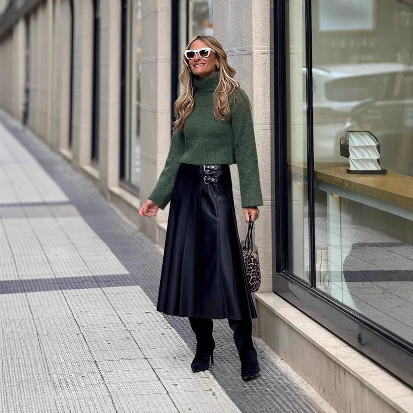 Fashion A-line Pleated PU Leather Skirt With Full Hem And Fitted Waist