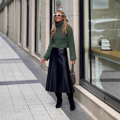 Fashion A-line Pleated PU Leather Skirt With Full Hem And Fitted Waist