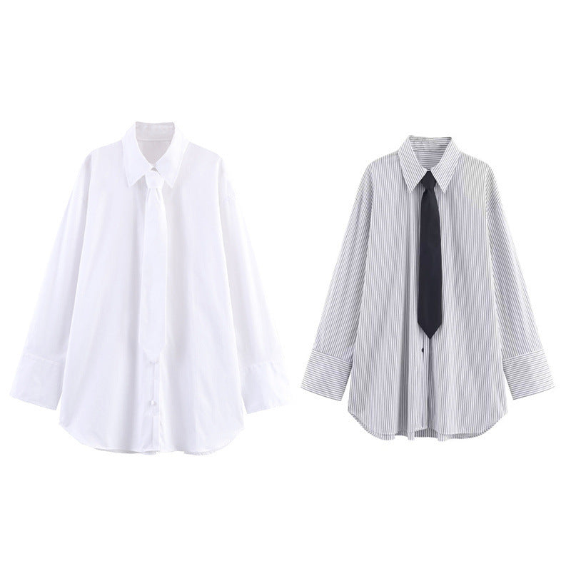 Women's Fashion Casual Loose Tie Decorated Poplin Shirt