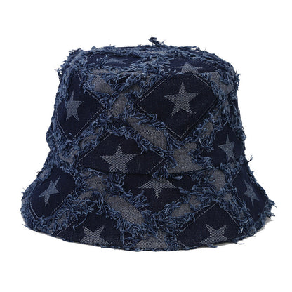 Autumn New Five-pointed Star Raw Edge Denim Bucket Hat