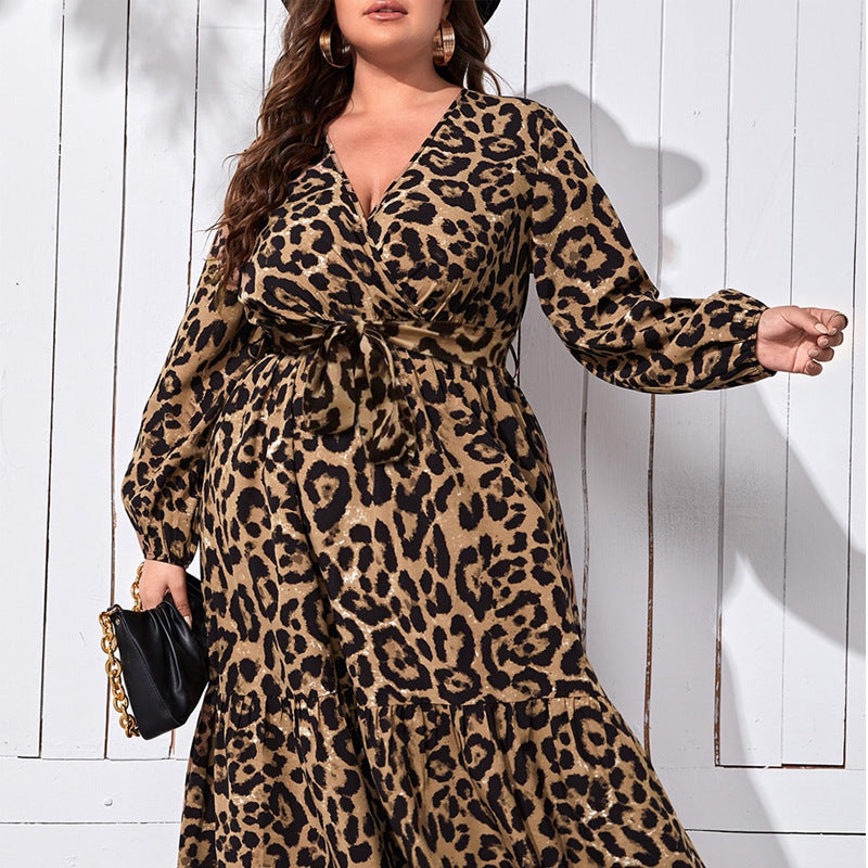 V-neck Leopard Print Printed Casual Long Dress
