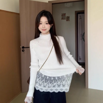 Fake Two Pieces Lace Sweater Women