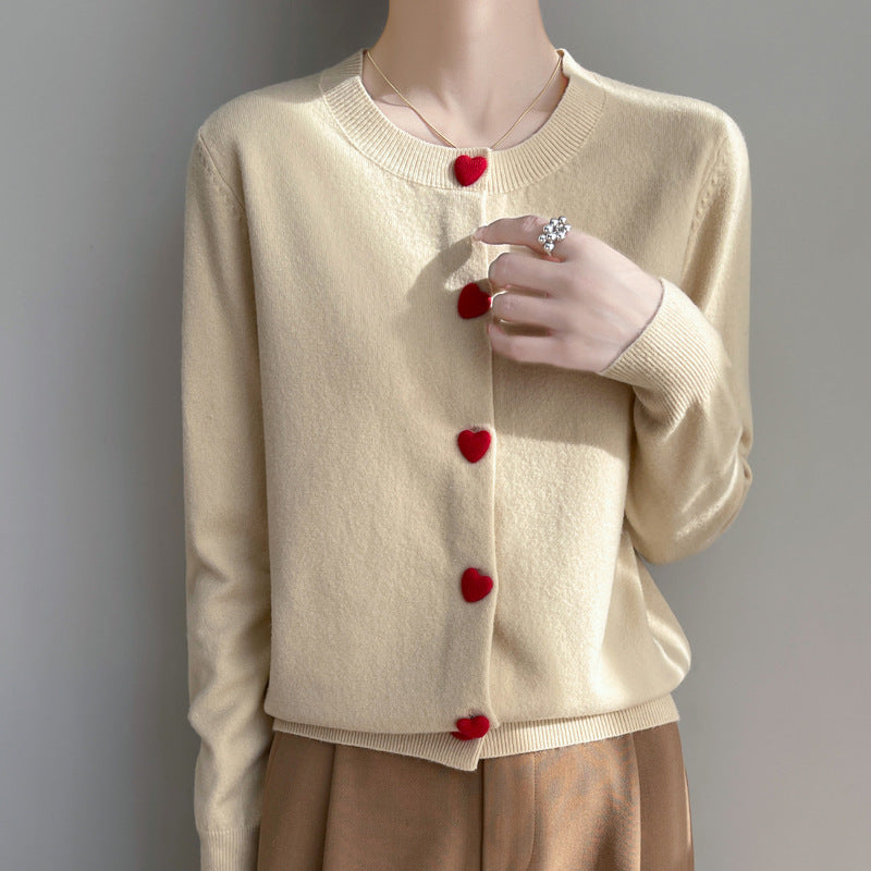 Round Neck Cardigan Red Heart Buckle Sweater For Women
