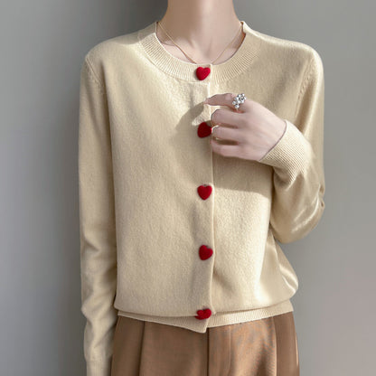 Round Neck Cardigan Red Heart Buckle Sweater For Women