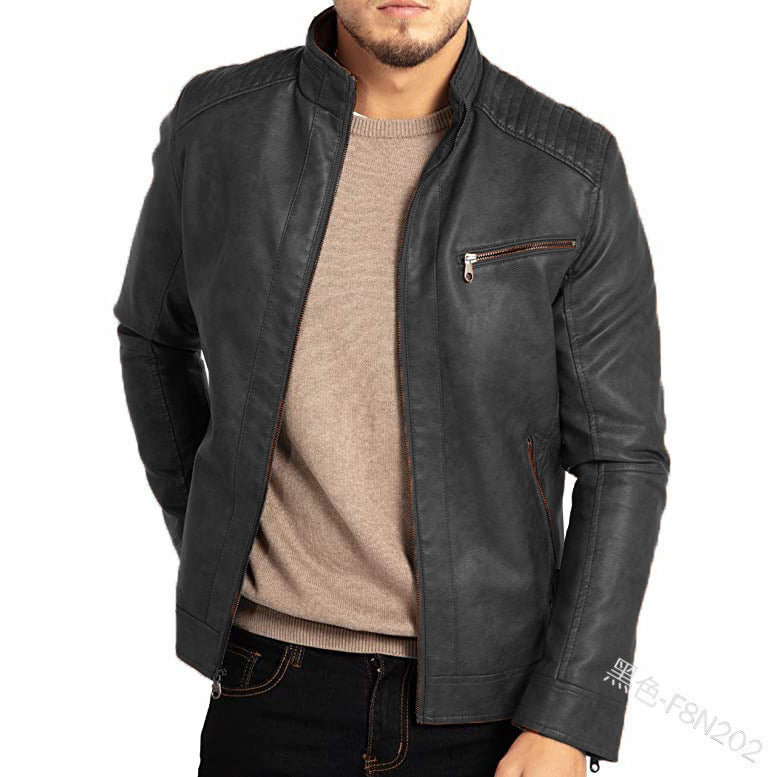 Mens Polyester Stand Collar Punk Motorcycle Leather Jacket Industrial Rebellion