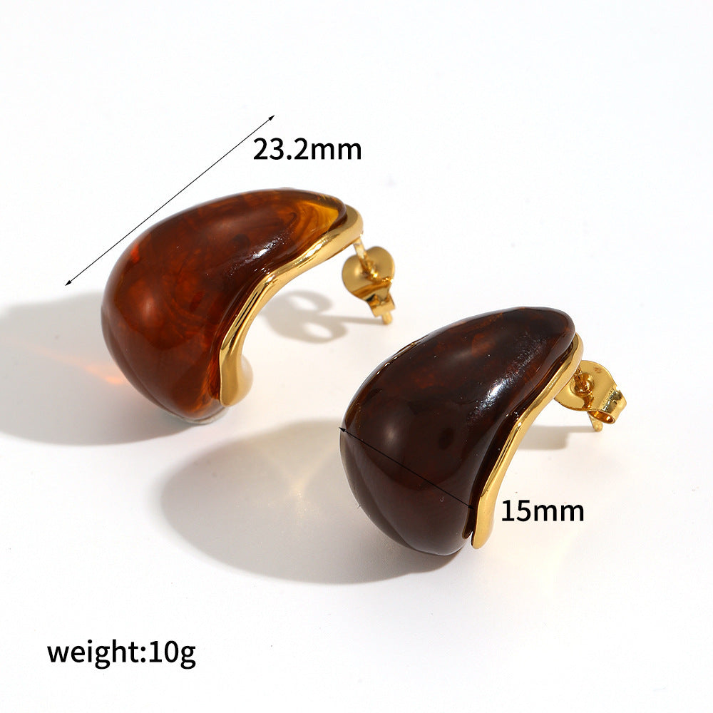 Mild Luxury Retro Resin Stainless Steel Earrings Women's High-grade Amber 18K Gold Plated Ear Clip