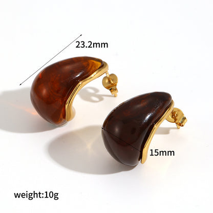 Mild Luxury Retro Resin Stainless Steel Earrings Women's High-grade Amber 18K Gold Plated Ear Clip