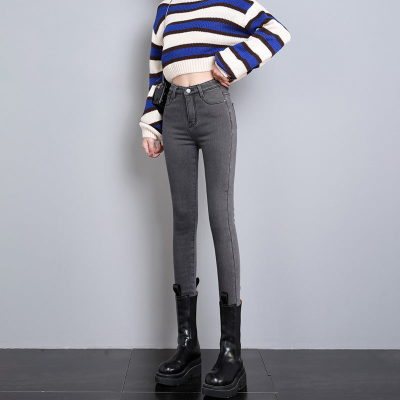 High-looking Smoky Gray High Waist Velvet Padded Jeans
