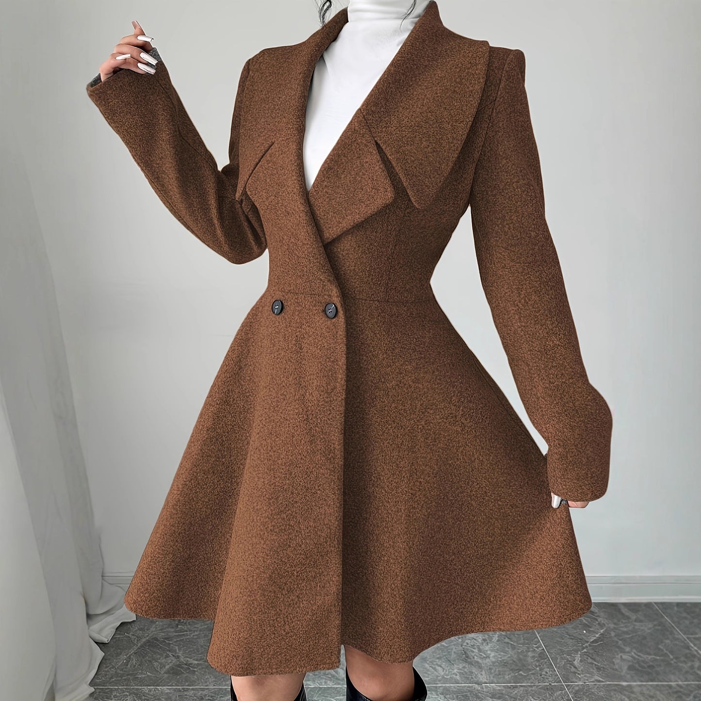 Wool Coat With A Cinched Waist Dress Design, Elegant Long Sleeves