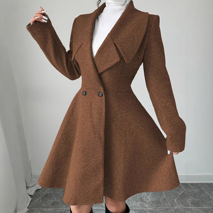 Wool Coat With A Cinched Waist Dress Design, Elegant Long Sleeves