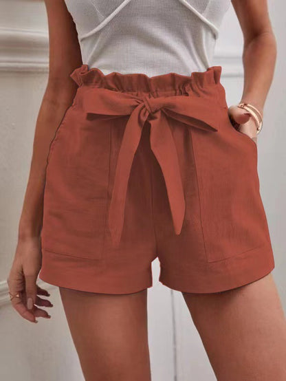 Loose Cotton And Linen Casual Pocket High Waist Wide Leg Shorts