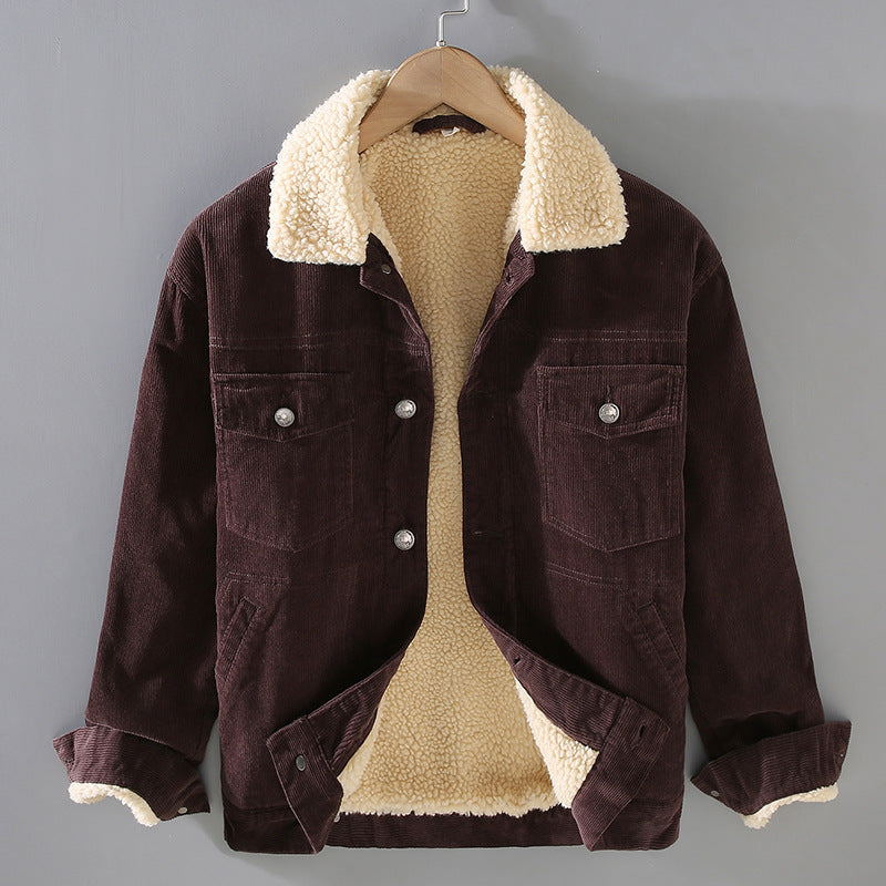 Mens Corduroy Workwear American Retro Lapels Jacket Heavy Imitation Lamb Wool Thickened Cotton-Padded Heritage Labor