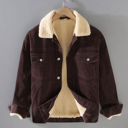 Mens Corduroy Workwear American Retro Lapels Jacket Heavy Imitation Lamb Wool Thickened Cotton-Padded Heritage Labor