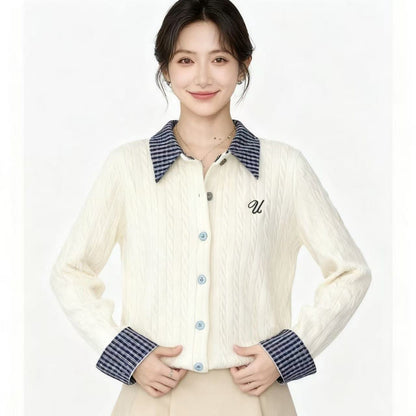Plaid Stitching Lapel Long Sleeve Twist Knitted Sweater