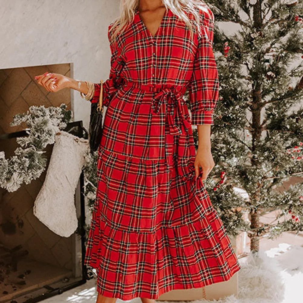 Red Christmas Plaid V-neck Dress