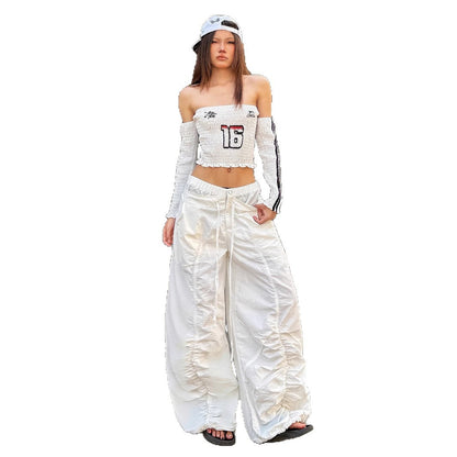 Ruffle Drawstring Lace Letters Embroidered Slacks