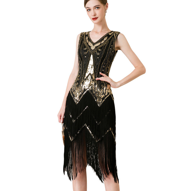 V-neck Sequins Beaded Double-layered Tassel Dress