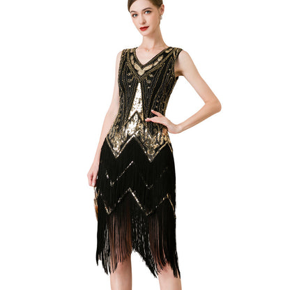 V-neck Sequins Beaded Double-layered Tassel Dress