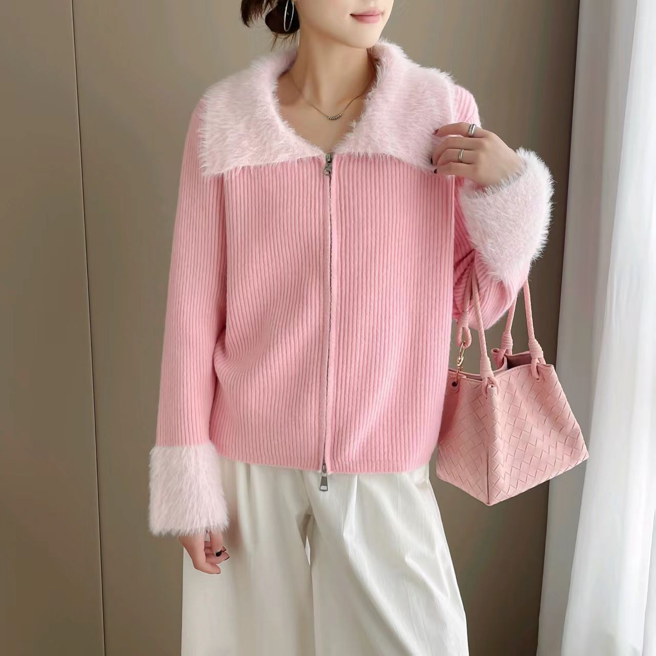 Korean Style Double Zipper Lapel Patchwork Cuff Sweater