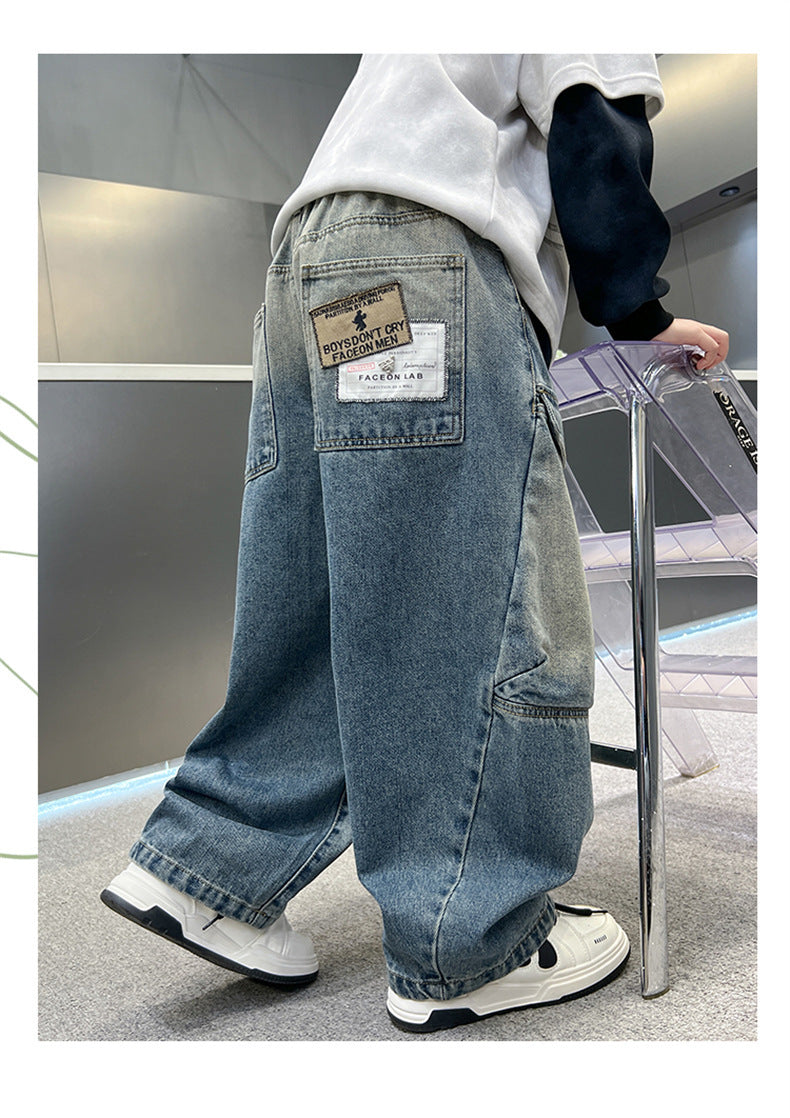 Simple Versatile Boys Pants Loose Cargo Jeans Utility Freedom