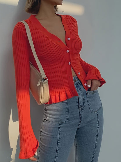 Women's V-neck Flounce Knitted Cardigan Sweater