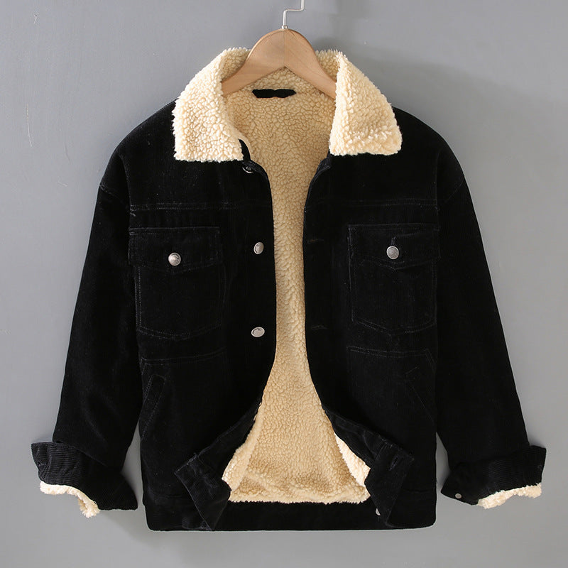 Mens Corduroy Workwear American Retro Lapels Jacket Heavy Imitation Lamb Wool Thickened Cotton-Padded Heritage Labor