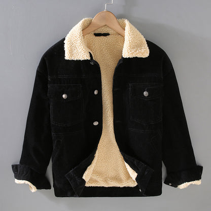 Mens Corduroy Workwear American Retro Lapels Jacket Heavy Imitation Lamb Wool Thickened Cotton-Padded Heritage Labor