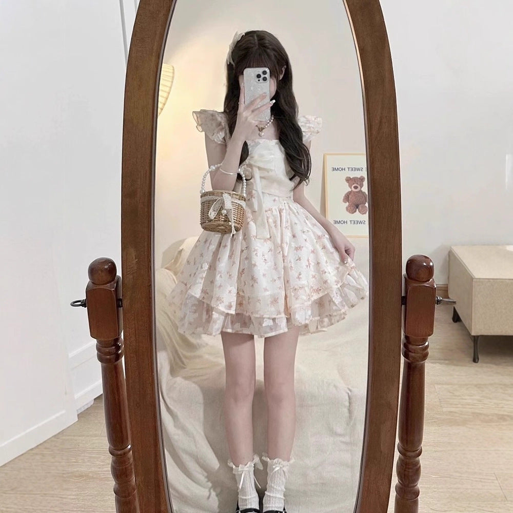 Women's Flounced Sleeve Bow Floral Dress