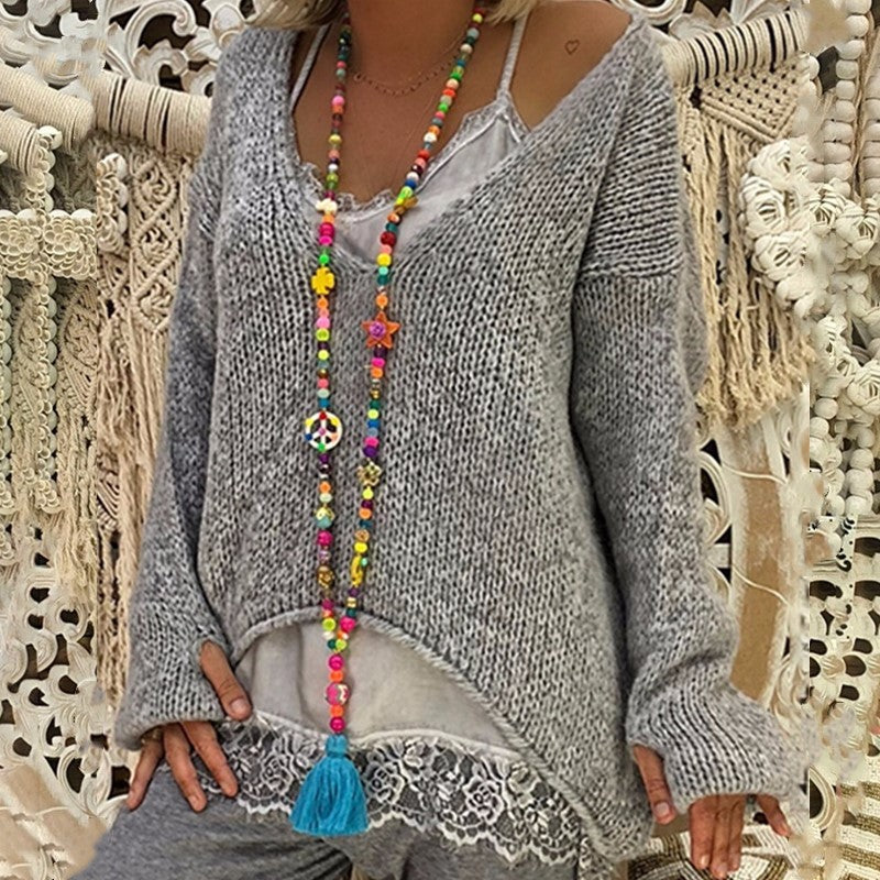 V-neck Loose Knitted Warm Commuter Sweater