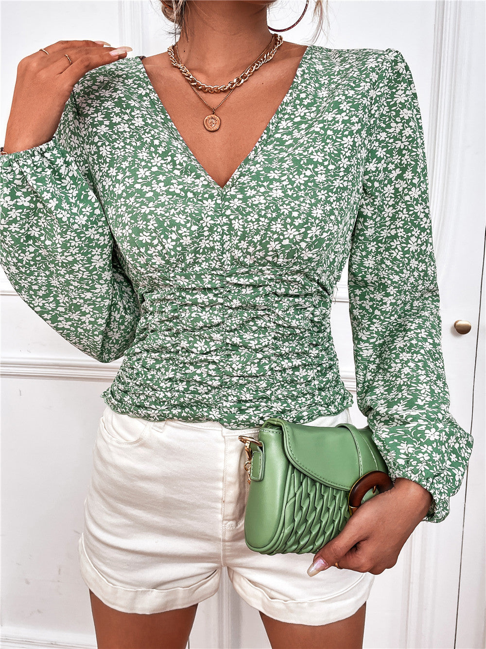 Long Sleeve V Neck Floral Top T Shirt Women