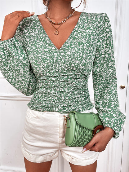 Long Sleeve V Neck Floral Top T Shirt Women