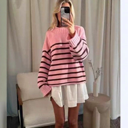 Stripe Warm Knitted Pullover Elegant Round Neck Long Sleeve Loose Sweater