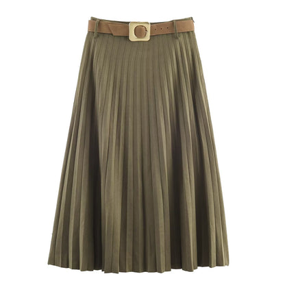 Fashionable Elegant With Belt Pleated Skirt