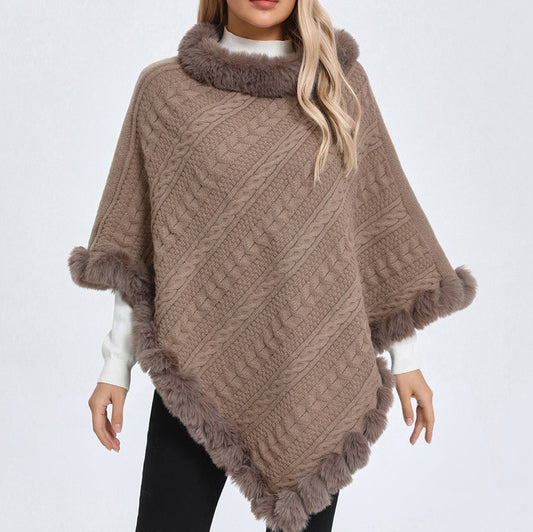 Fur Collar Oversized Knit Pullover Shawl Cloak
