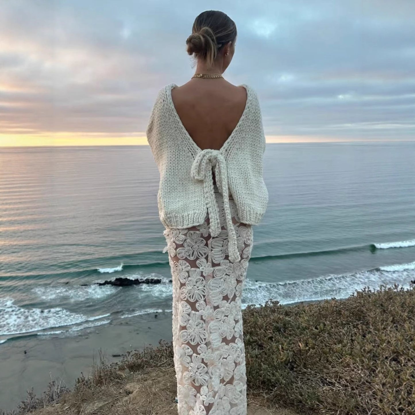 Backless Lace Up Long Sleeve Loose Sweater