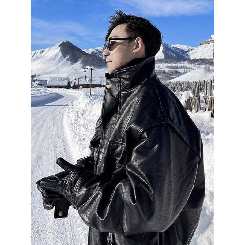 Jacket Leather Coat Autumn Winter Mens Trendy Handsome Fleece Thickened Pilot Motorcycle Plus Size Rugged Adventure