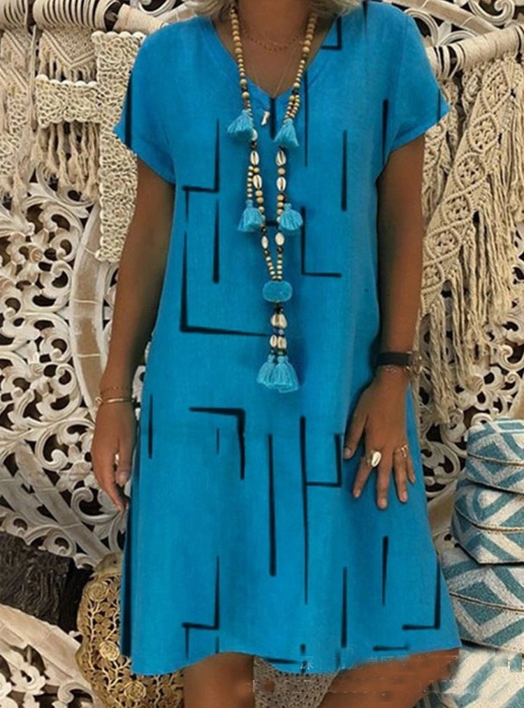 Ladies short sleeve dress loose leaf print