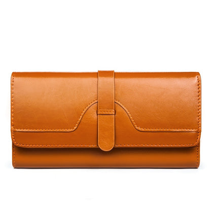 Pure Leather Tri Fold Women's Wallet Long Buckle Genuine Leather