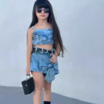 Girls' Retro Denim Bow Tube Top Shorts Suit